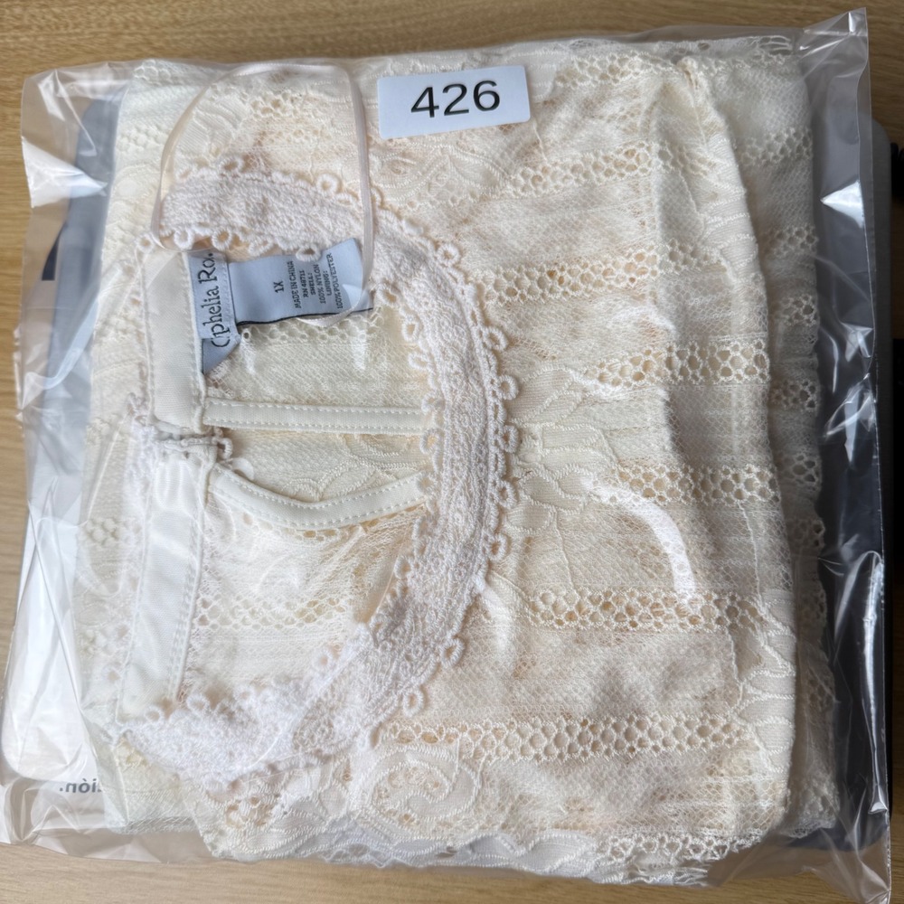 Womens Lace Lined Blouse 1X Cream 3/4 Sleeve Scallop Hem Keyhole Romantic Boho - Picture 7 of 10